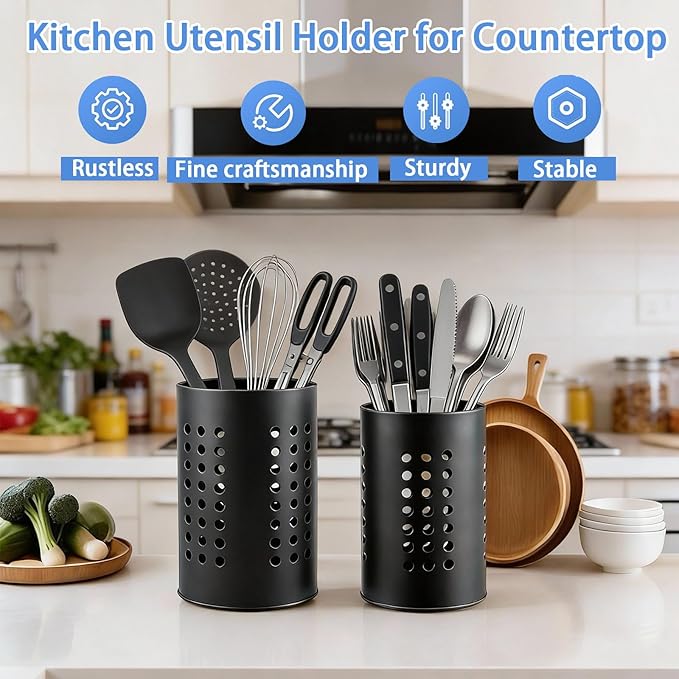 2PCS Stainless Steel Kitchen Utensil Holder, Utensil Caddy & Organizer for Drying Cooking Spoons Utility Sturdy Home Kitchen Daily Use Utensil Drainer (BLack)
