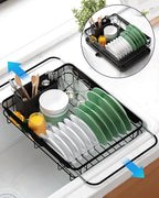 Kitsure Dish Drying Rack for Kitchen Counter, Stainless Steel Sink Organization and Storage Essentials with Cutlery Holder, Home and Appartment Decor, 12.2''W x 15.7''~23''L, Black