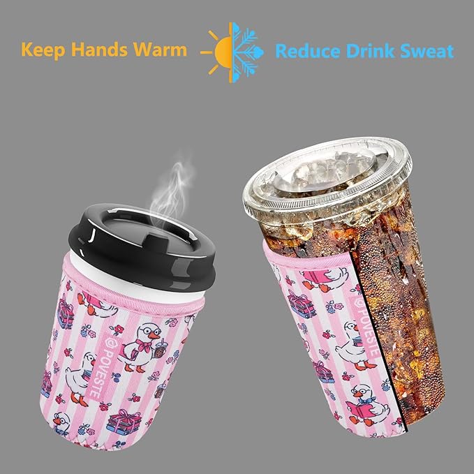 Reusable Neoprene Insulator Sleeve for Iced Coffee & Cold Soda, Coffee Sleeves for Iced & Hot Drinks, Cold Beverage Cooler Compatible with Starbucks, Dunkin (Reading Goose, Small: 16-18oz)