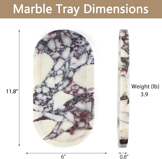 Real Natural Marble Tray for Bathroom, Luxury Calacatta Viola Stone Vanity Tray, Decorative Oval Trays for Countertop Storage Organizer, Dresser, Kitchen, Home Decor, 11.8" x 6", Purple