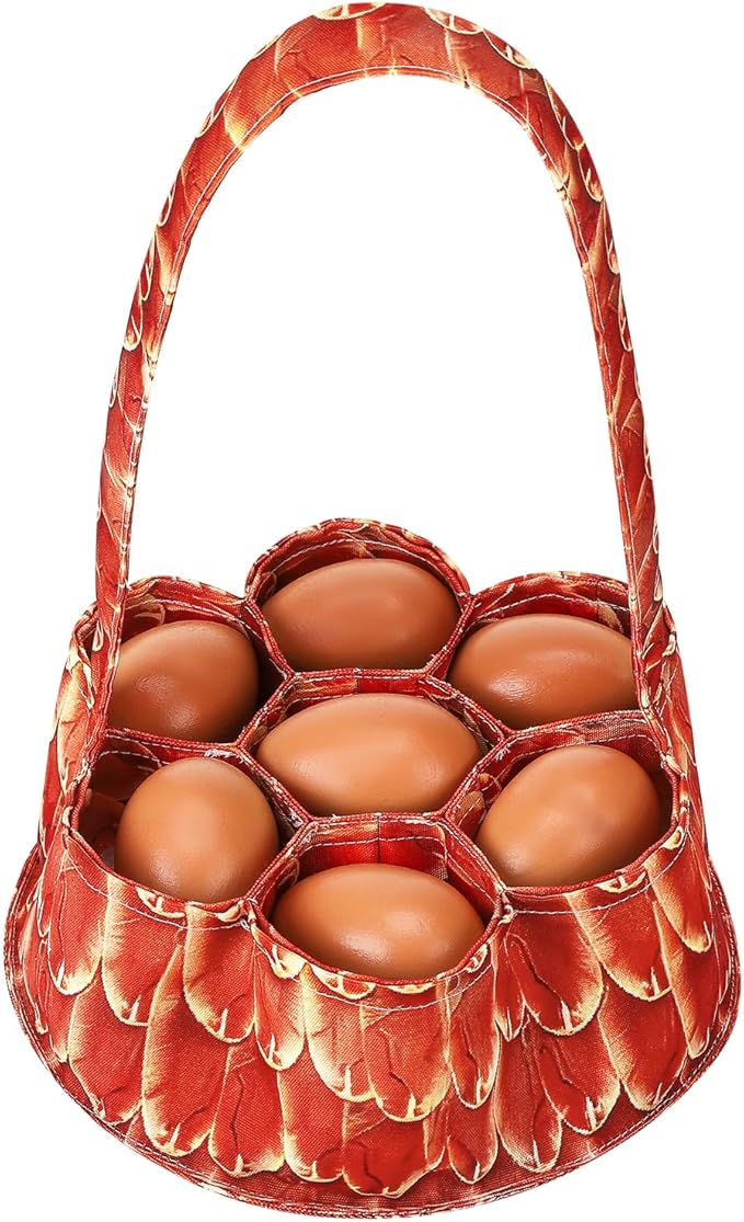 Egg Collecting Basket, Canvas Egg Basket for Gathering with 7 Pouches for Chicken, Duck, Goose, Bird, Various Poultry Collection (Feathers)
