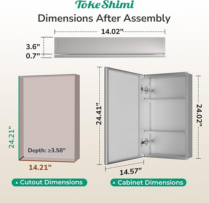 TokeShimi 14 x 24 Medicine Cabinet with Mirror, Assembly Required, Silver Recessed Bathroom Medicine Cabinet with Tempered Beveled Mirror, Stepless Adjustable Shelves, DTC Hinge