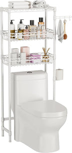 3-Tier Over-The-Toilet Storage Shelf,Heavy-Duty Adjustable Bathroom Rack with 2 Mesh Baskets,Toilet Paper Holder & Hooks,Space-Saving Organizer for Bathroom,10”D x 24”W x 66”H,White