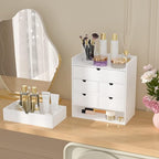 Wisuce Bamboo Desk Organizer - Mini Bamboo Desk Drawer Tabletop Cosmetic Storage Organization for Office or Home White with Shelf