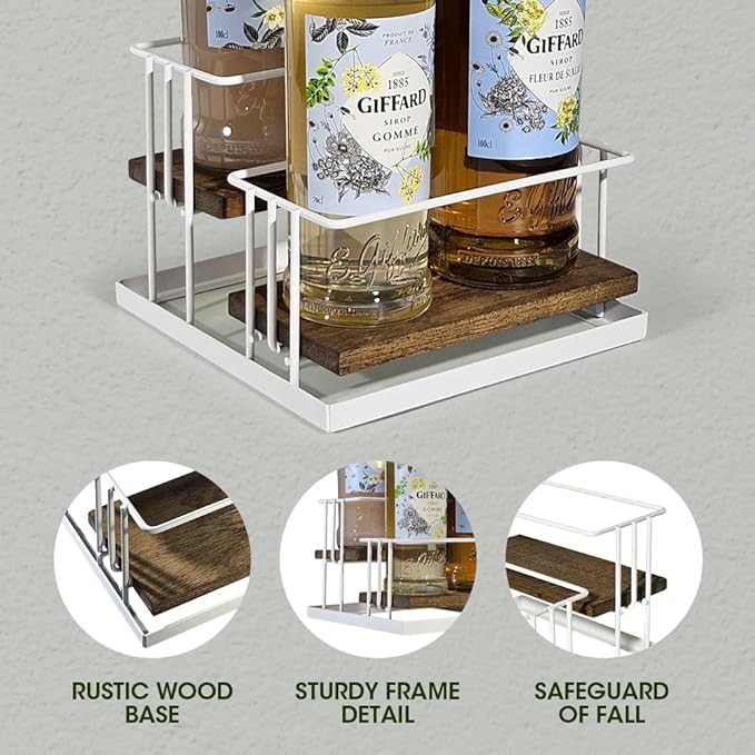 J JACKCUBE DESIGN Cofee Syrup Bottle Holder Rack, Rustic Wood and White Metal Wire 2 Tier 4 Syrup, Wine, Dressing Bottle Countertop Display Storage Stand for Kitchen Coffee Bar- MK816F