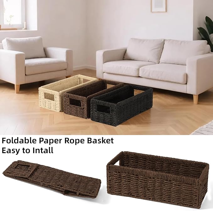 Paper Rope Wicker Storage Baskets with Handles, 2 Pack Foldable Storage Basket, Rectangle Wicker Basket, Small Wicke Baskets for Pantry Shelves, Toilet Paper Storage Basket for Bathroom, Brown