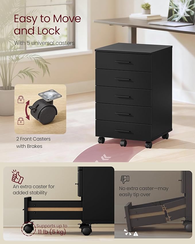 VASAGLE File Cabinet, Mobile Pedestal Filing Cabinet with Wheels, Printer Stand with 5 Drawers, Tool-Free Sliding Rails, for Study, Home Office, Ink Black UOFC081BC02
