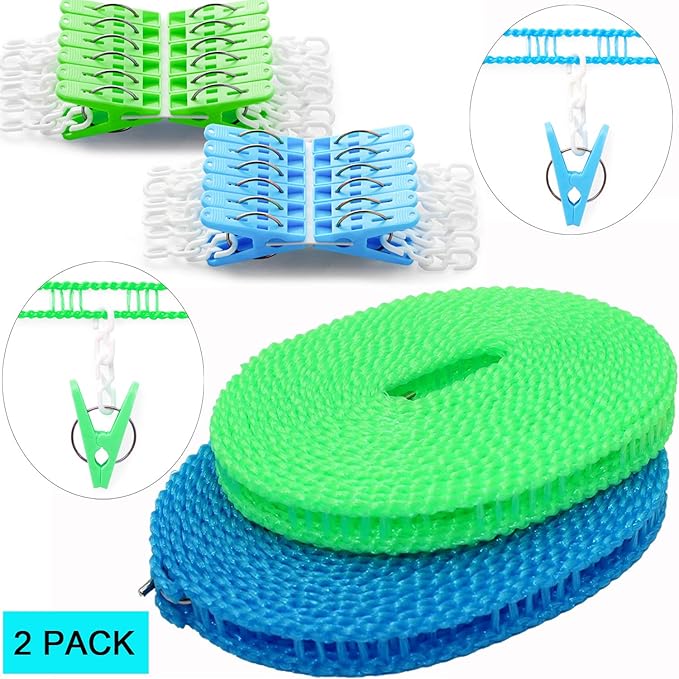 Clotheslines 2 Pack Clothesline Clothes with 24 Pcs Clips Drying Rope Portable Windproof for Travel Indoor Outdoor Laundry Clothes Line Hanger Camping Home