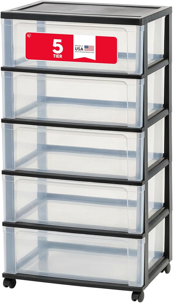 IRIS USA Plastic Drawer Storage Organizer Rolling Cart, with Wheels Casters, 5-Drawers, for Art Craft Supplies Bathroom Dorm Bedroom Laundry Room, Wide, Black