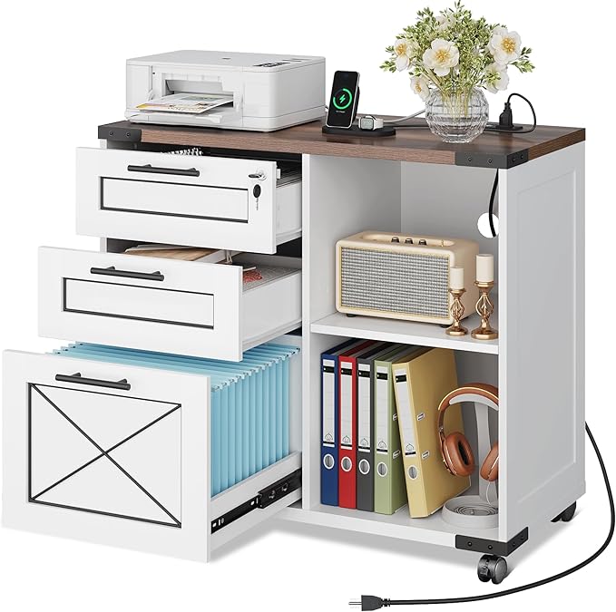 DEVAISE Wood File Cabinet with Charging Station, Mobile Lateral Filing Cabinet with Lock for Home Office, Printer Stand with Open Storage Shelves, Cottage Style White