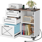 DEVAISE Wood File Cabinet with Charging Station, Mobile Lateral Filing Cabinet with Lock for Home Office, Printer Stand with Open Storage Shelves, Cottage Style White
