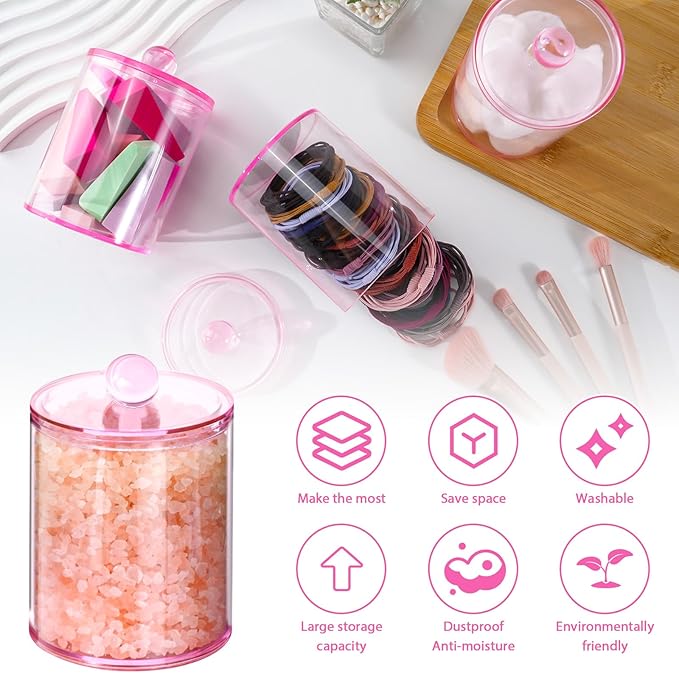 6 Pack Qtip Holder,Canister Apothecary Jar Set, Bathroom Jars with Lids Set for Cotton Swabs, Balls, Pads, Floss Picks,10oz-12oz Plastic Canisters Restroom Bedroom Vanity Organizer(Pink)