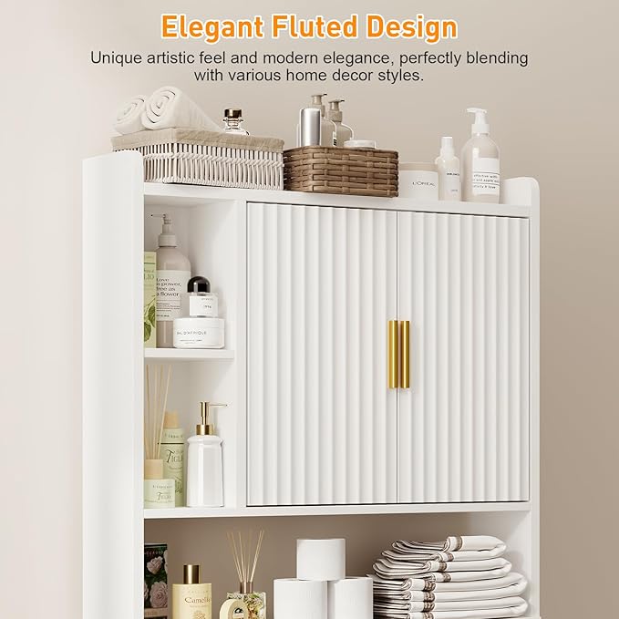 Fluted Over The Toilet Storage Cabinet, Above Toilet Bathroom Organizer with Toilet Paper Holder, Modern Behind Toilet Cabinet, Space Saver for Restroom, Bathroom, Laundry, White