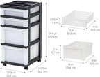 IRIS USA Plastic Drawer Storage Organizer Rolling Cart, with Wheels Casters, 4-Drawers, for Classroom Art Craft Supplies Dresser Closet Bathroom Laundry Room, Black/Pearl