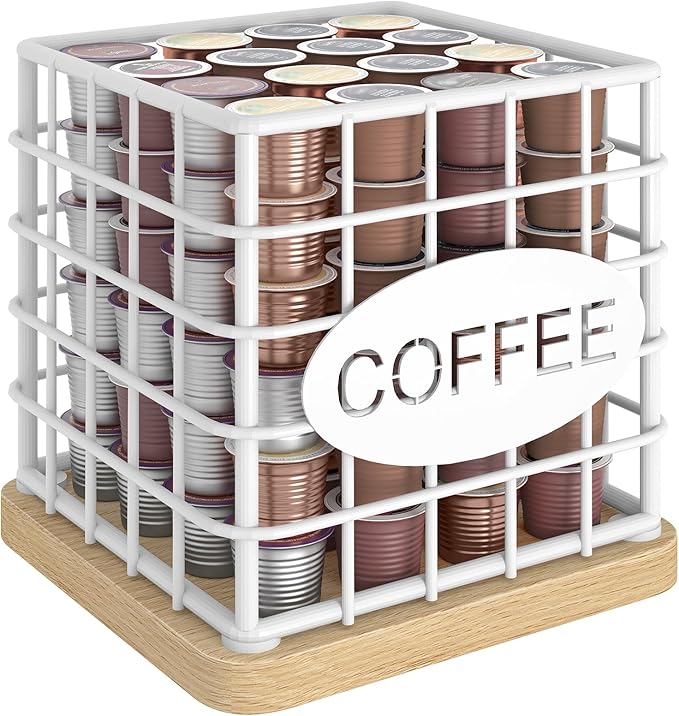 Coffee Pod Holder for K Cup, Large Capacity Coffee Pod Organizer, Versatile Coffee Capsule Storage Basket with Wooden Base, White KH10WN