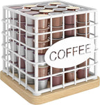 Coffee Pod Holder for K Cup, Large Capacity Coffee Pod Organizer, Versatile Coffee Capsule Storage Basket with Wooden Base, White KH10WN