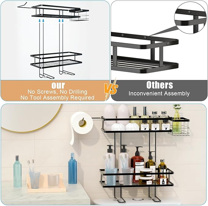 IIQ Over The Toilet Storage,2-Tier Bathroom Organizer Over Toilet with Removable Basket Paper Holder, Above Toilet Storage with Non-Trace Adhesive, No Drilling Toilet Organizer