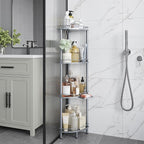 ELYKEN Corner Shower Caddy Standing, 4 Tier Rustproof Metal Shower Organizer with Soap Holder, Floor Shower Corner Shelf Rack Storage Stands with Adjustable Feet & 2 Hooks for Bathroom, Silver