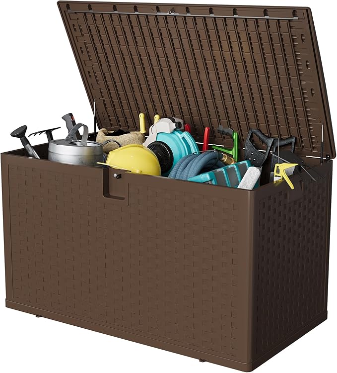 Garvee 120 gallon Waterproof Outdoor Storage Box, Lockable Plastic Deck Box with Lid, Patio Storage Bin for Pool, Garden Tools, Backyard, Porch, All-Weather Protection, Brown