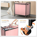 180L (47.55 Gal) Laundry Sorter 3 Section, Rolling Laundry Basket with Lockable Wheels and Lid, Laundry Hamper with 3 Separated Removable Bags Dirty Clothes Hamper for Laundry Room Organizer, Pink