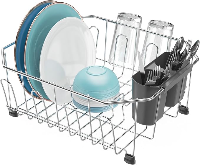GSlife Small in Sink Dish Drying Rack - Stainless Steel Compact Dish Drainer for RV Kitchen Apartment Sink, Rust Resistant Inside Sink Rack, 1–2 Person Households, 11.6" W x 13.4" L, Silver