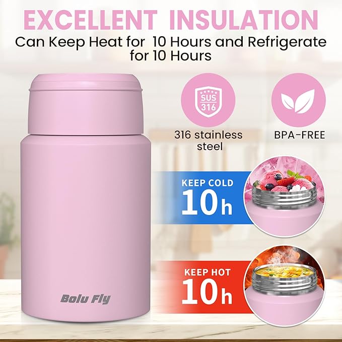 2 Pack Soup Thermo for Hot Food for Adults, Insulated Food Jar, Stainless Steel Vacuum Thermal Lunch Box Containers with Carry Bag and Spoon (18.5oz, 27oz) (Pink)