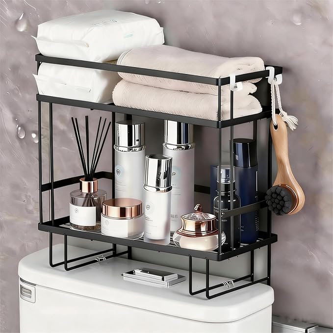 Bathroom Organizer Shelf - Over The Toilet Storage Rack, 2-Tier Floating Shelves with Hooks, No-Drill, Toilet Paper Holder for Restroom Bathroom Vanity Kitchen (Black, 2 Tier)