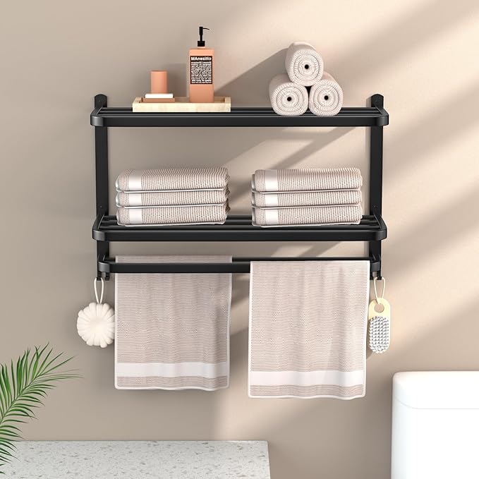 DDS-DUDES 23 Inch 3-Tier Black Towel Racks for Bathroom with Towel Bars Multilayer Hotel Towel Shelf Stainless Steel Wall-Mounted Matte Finished Holder with Towel Shelves