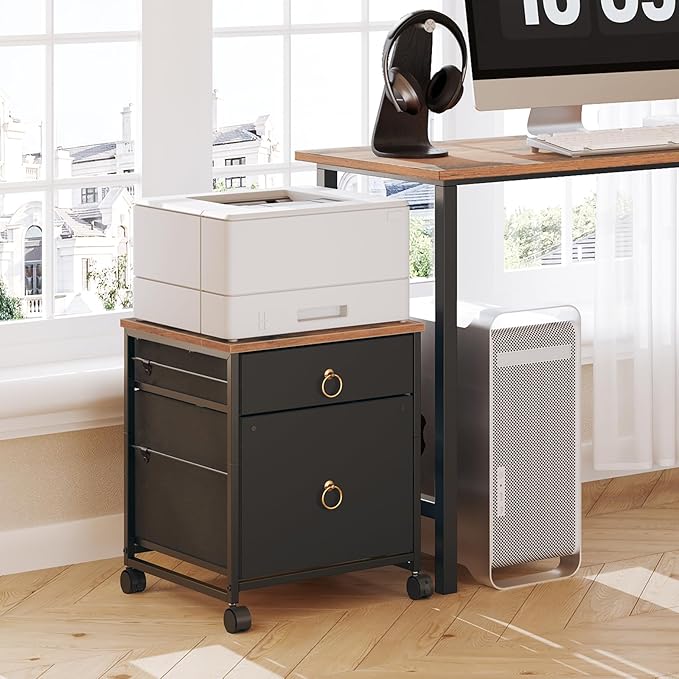 HOOBRO File Cabinet, 2-Drawer Vertical Mobile Office Cabinet, Rolling Printer Stand, for A4/Letter Size Files, Nonwovens Drawer, for Home Office, Rustic Brown and Black BFK21WJ01
