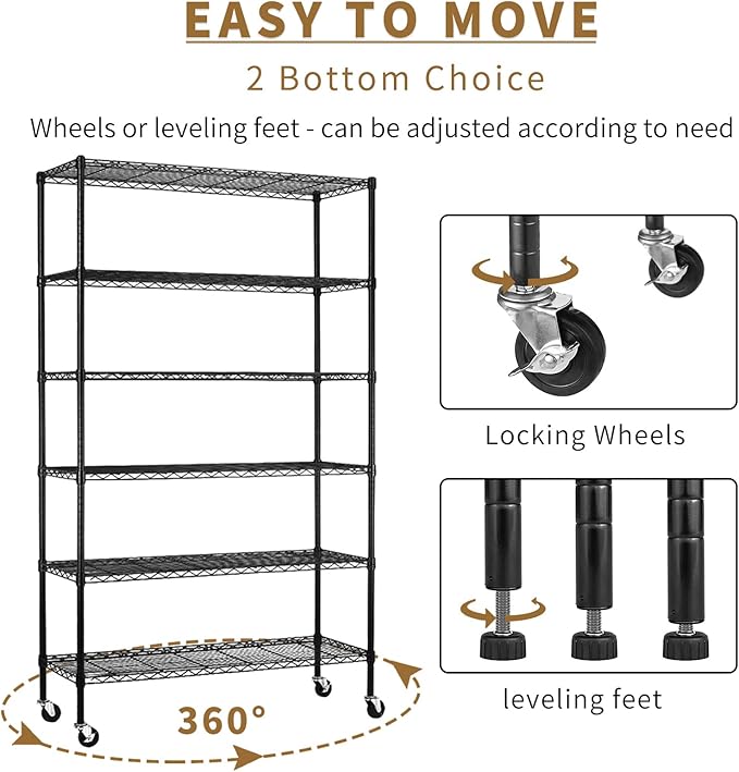 6-Tier Storage Shelves 45" x 18" x 82" Heavy Duty Metal Shelving Unit 2100Lb Capacity Adjustable Storage Racks with Wheels NSF Garage Wire Shelf for Basement Commercial, Black