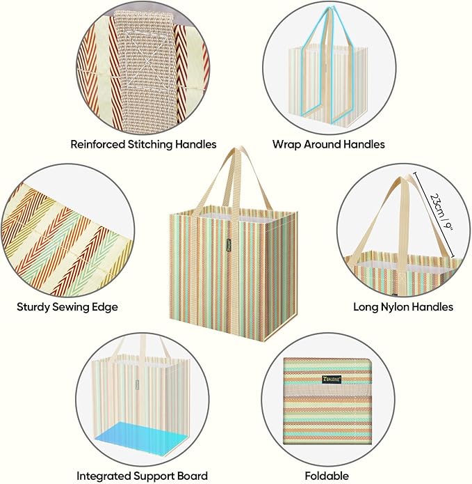 BALEINE 4 PK Grocery Bags Reusable Shopping Bags with Reinforced Bottom, Heavy Duty Foldable Tote Bags (Color Strip)
