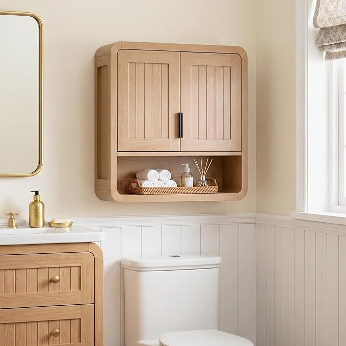 Premium Bathroom Wall Cabinet, Engineered Wood Medicine Cabinet with Soft-Close Doors & Child-Safe Rounded Edges, Modern Farmhouse Storage Organizer for Laundry, Kitchen