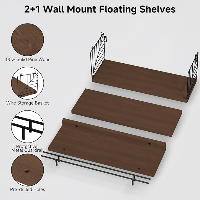 Floating Shelves for Wall, Floating Shelf for Bathroom Set of 3, Floating Shelf for Wall with Toilet Paper Holder for Bathroom, Bedroom, Living Room, Kitchen, Office (Brown)