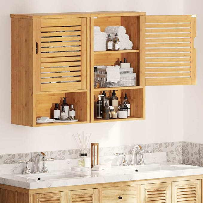 VIAGDO Bathroom Wall Cabinet, Wooden Medicine Cabinet with Single Door and Adjustable Inner Shelf, Bamboo Storage Cabinet Wall Mounted, Over The Toilet Hanging Cupboard, 15.7’’Lx7.8’’Wx23.6’’H