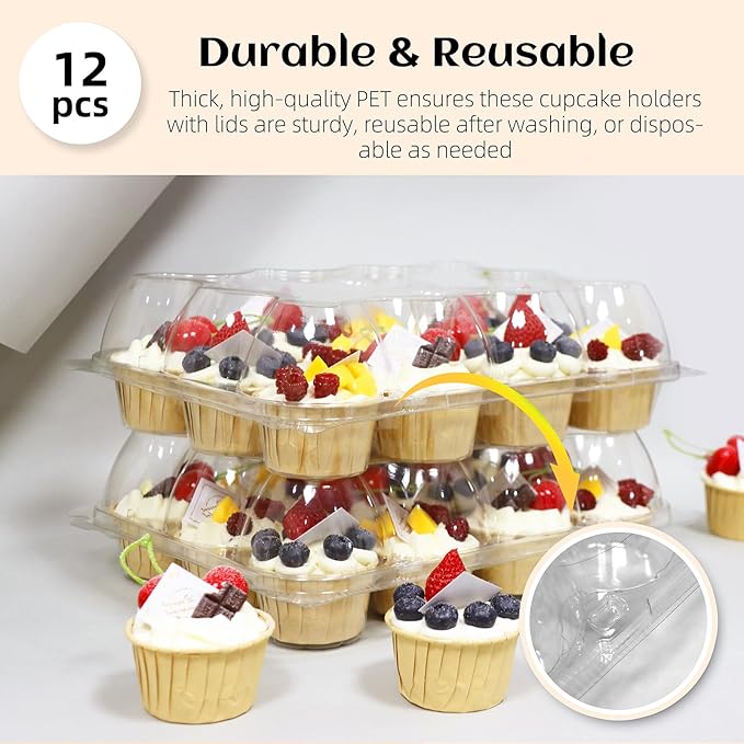 12 Count x 12 Sets Plastic Cupcake Containers, Durable and BPA-Free Cupcake Holder with Lid for Easy Transport Storage, Stackable Clear Cupcake Carriers, Reusable Dessert Boxes