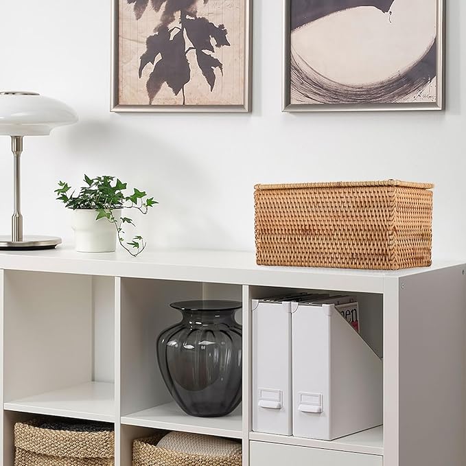 Hipiwe Rattan Basket Box with Lid Toilet Roll Storage Baskets Bin Handwoven Wicker Basket Box Bathroom Toilet Paper Holder Rectangular Baskets Bin for Shelf Home Decor, 11.8"Lx6.2"Wx6.1"H