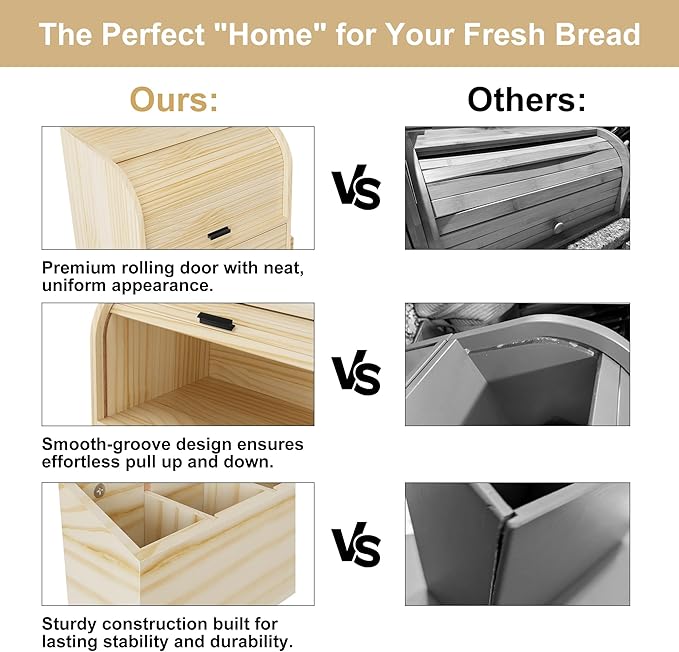 TQVAI Roll Top Bread Box for Kitchen Countertop, Keep Fresh Longer, Easy to Maintenance, Double Layer Vintage Wooden Breadbox with Window for Homemade Bread, Sandwich Loaves, Baked Goods (Wood Color)