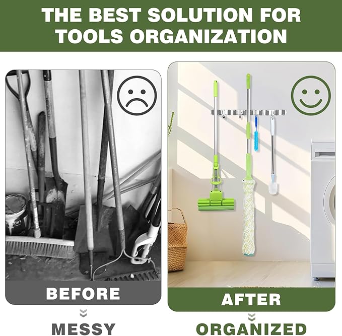 Broom Holder Wall Mount, Broom Organizer Wall Mount Stainless Steel Broom and Mop Hanger Heavy Duty Storage Organization for Home Kitchen Garden Garage Room 5 Racks 4 Hooks (1Pack)(Grey Racks)