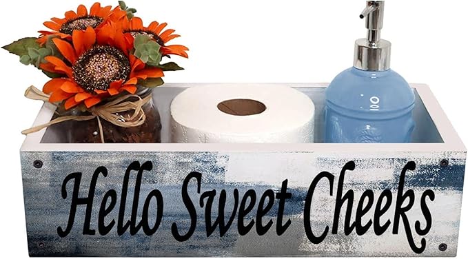 Lnond Rustic Bathroom Decor Box, Bathroom Toilet Tank Tray Storage Basket, Hello Sweet Cheeks Bathroom Wooden Toilet Paper Basket with Handle, Navy Blue