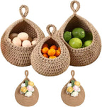 Hanging Storage Baskets Boho Decor Set of 3, Handmade Cotton Rope Wall-Mounted Fruit & Vegetable Baskets, Decorative Hanging Organizers for Kitchen, Entryway, Bathroom & Bedroom