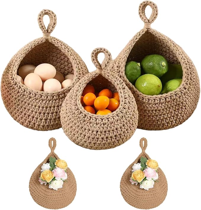 Hanging Storage Baskets Boho Decor Set of 3, Handmade Cotton Rope Wall-Mounted Fruit & Vegetable Baskets, Decorative Hanging Organizers for Kitchen, Entryway, Bathroom & Bedroom