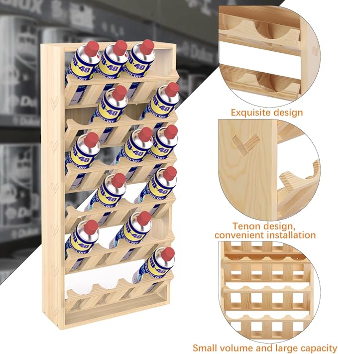 Nisorpa 24 Can Spray Paint or Lube Can Holder Aerosol Can Rack 6-Tier Wooden Spray Paint Can Storage Rack Wall Mount Aerosol Spray Can Organizer for Garage and Craft Workroom- 14.2" L x 5" W x 30" H