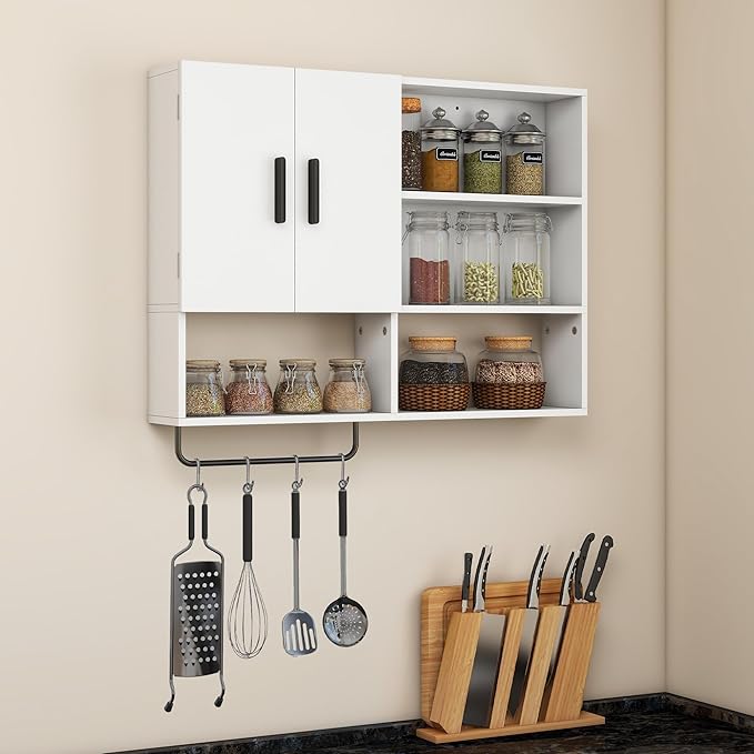 Medicine Cabinet, Wooden Bathroom Wall Cabinet with 2 Doors, Adjustable Shelves & Towel Bar, Over Toilet Storage Cabinet Wall Mounted for Kitchen & Laundry, White