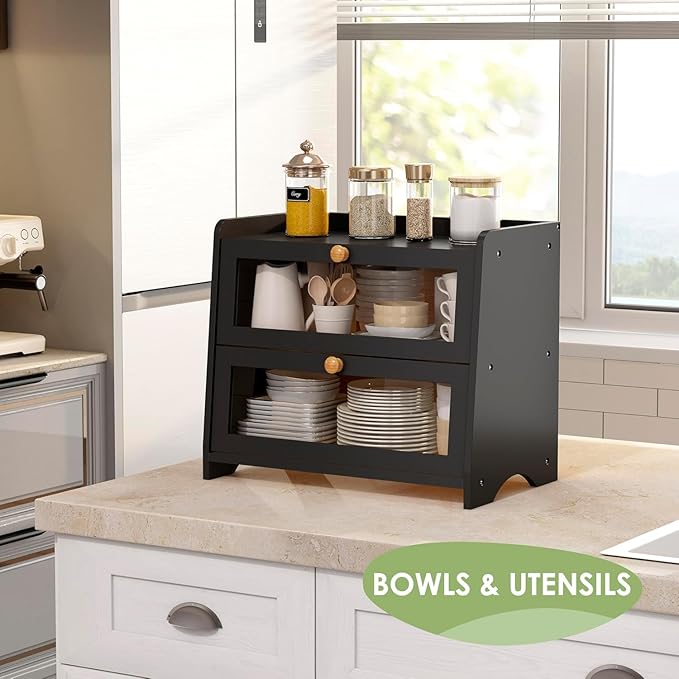 Large Bread Box for Kitchen Countertop, Double Layer Breadbox Bread Container Storage with Acrylic Door, Wooden Farmhouse Bread Holder (Black, Large-16.54" L x 9.84" W x 14.96" H)