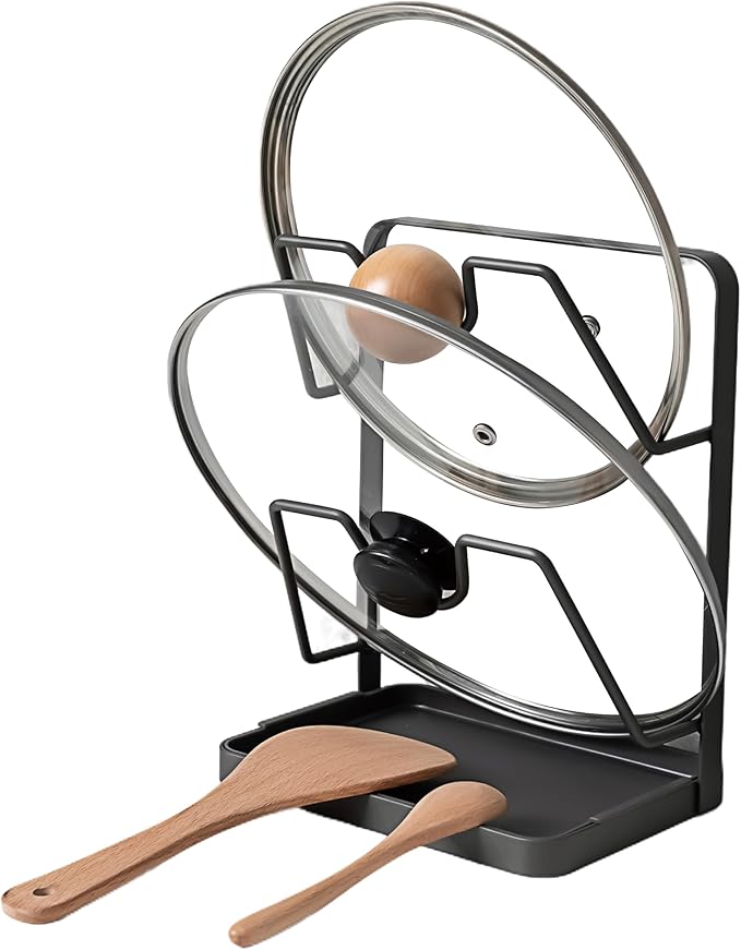 Pot Lid Holder While Cooking, Kitchen Pot Lid Storage Rack for stove top, Multifunctional Kitchen Pot Lid Organizer for Countertop (Iron,Dark Grey)