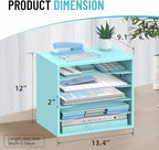 5-Tier Wood Desk Organizer, Paper Tray Organizer for Desk with Adjustable Storage Shelves, Desktop File Organization Paper Sorter Mail Holder for Office Home Classroom, Blue