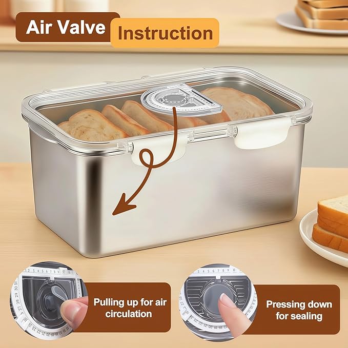 Bread Box 304 Stainless Steel Bread Container, Dishwasher Safe Bread Storage for Homemade Bread, Time Recording Bread Storage Container with Lid and Handle
