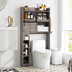 Giantex Over The Toilet Storage Cabinet, Farmhouse Space Saver with Sliding Door, Toilet Paper Holder, Side Hooks & Adjustable Shelves, Over Toilet Bathroom Organizer for Laundry, Restroom (Grey)