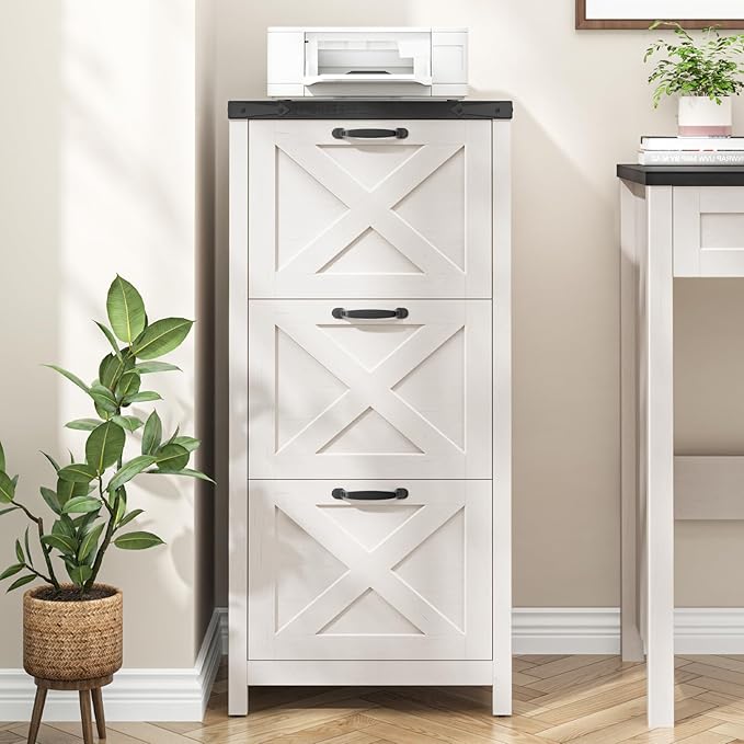 3 Drawer Tall File Cabinet, Farmhouse Vertical Filing Cabinet Fits Letter/A4 Size, Wood File Cabinets Printer Stand for Home Office, Living Room, White and Black
