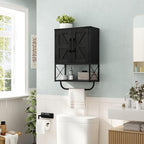 RUSTOWN Farmhouse Rustic Medicine Cabinet with Two Barn Door,Wood Wall Mounted Storage Cabinet with Adjustable Shelf and Towel Bar, 3-Tier Cabinet for Bathroom, Living Room(Black)